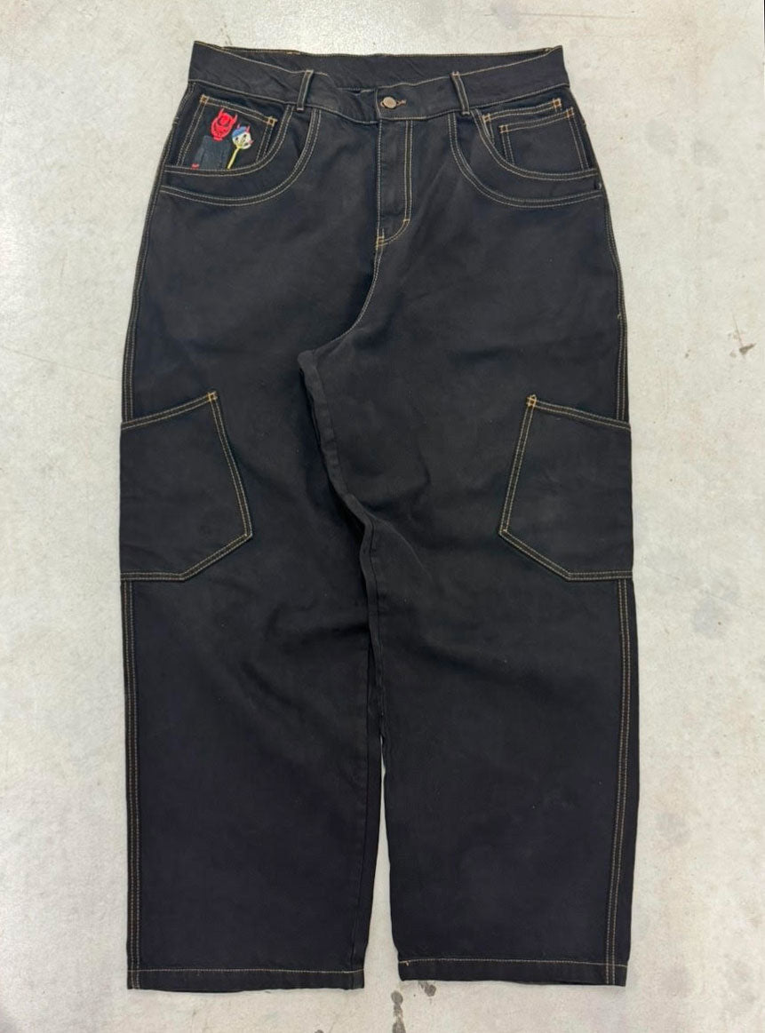 Black Cargo Denim Gold Stitching